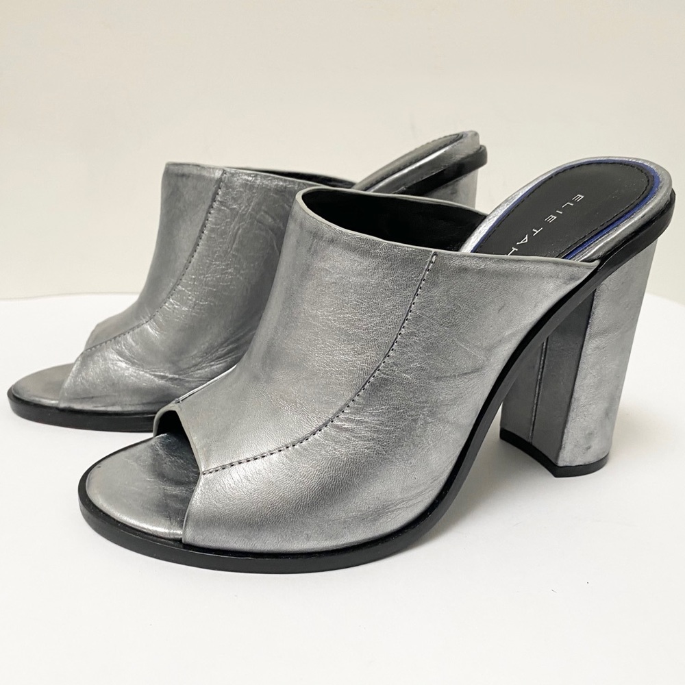 Elie Tahari distressed silver mules